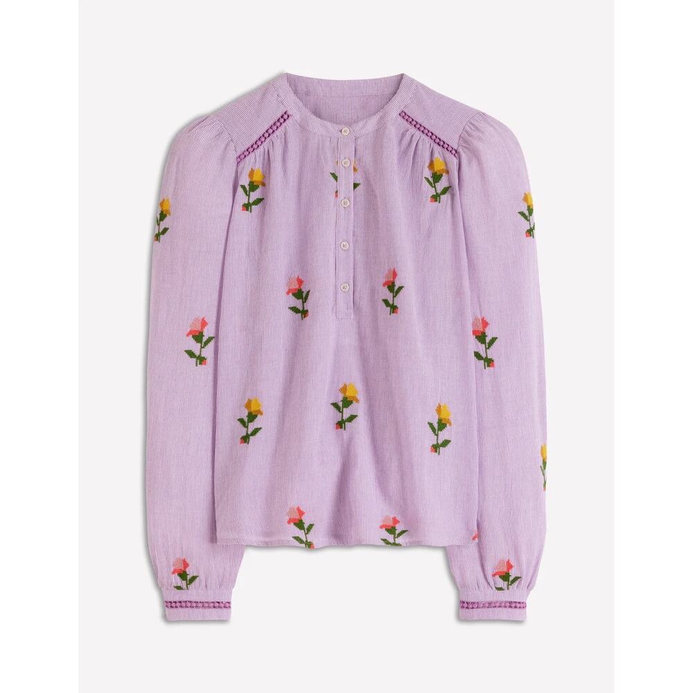 Boden Embroidered Trim Interest Top Purple Stripe Embroidery 4 - Picture 5 of 12